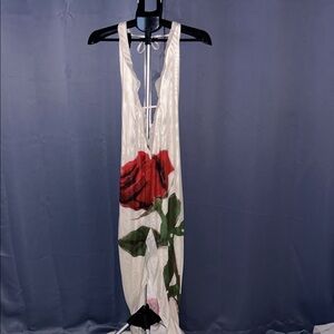 Deep Plunge Halter Dress with Red Rose